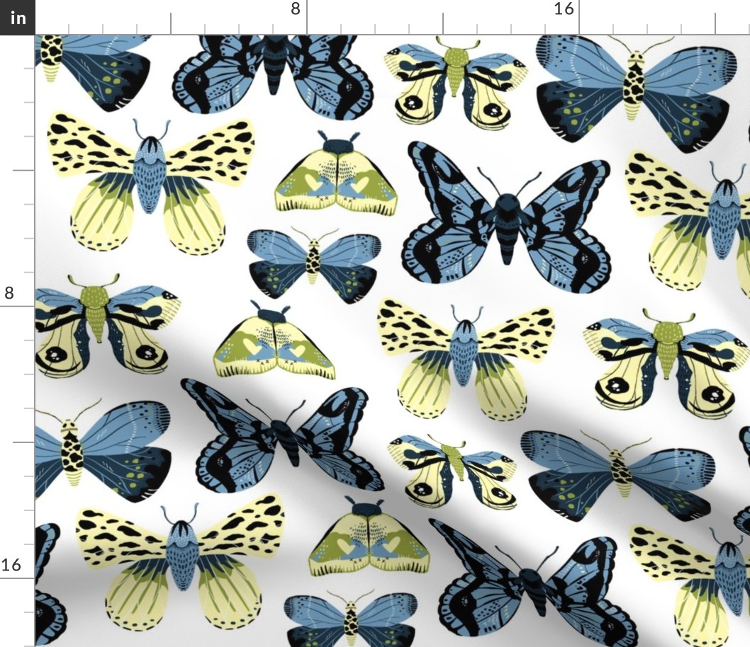 Pretty Moths -  Smaller Scale Blue and Yellow on White background