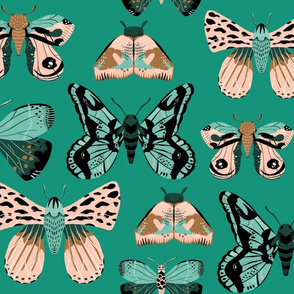 Pretty Moths - Smaller Scale on Emerald background