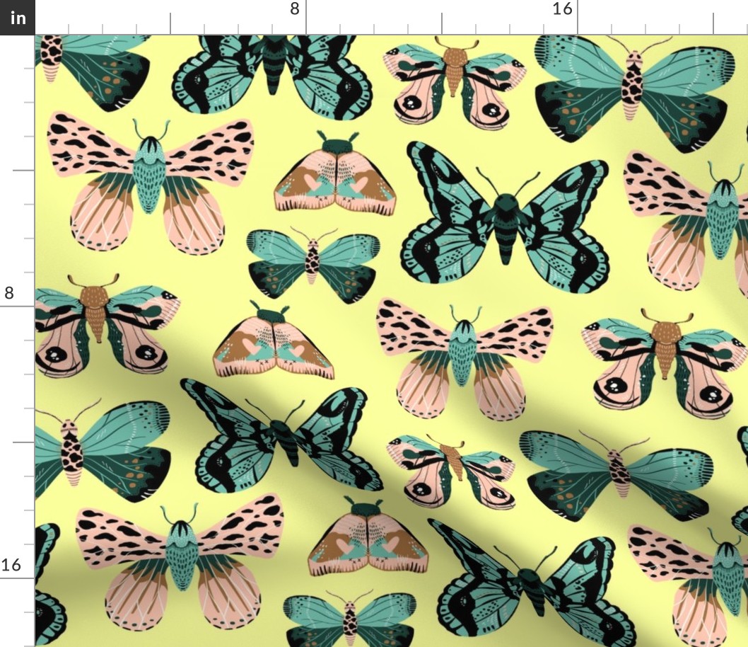 Pretty Moths - Smaller Scale on Yellow background