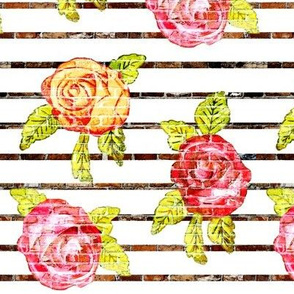 Multicolored Roses on white n black stripes / faded brick like  texture  