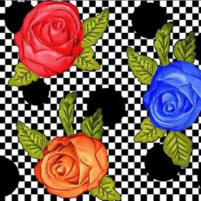 Multi color Roses on Black & White Check   