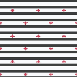 Red Bees Shapes on Black and White Stripes seamless pattern background.