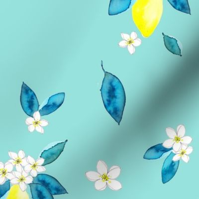 Watercolor lemons and flowers with teal from Anines Atelier. Use the design for kitchen walls and interiors