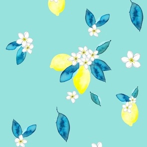 Watercolor lemons and flowers with teal from Anines Atelier. Use the design for kitchen walls and interiors