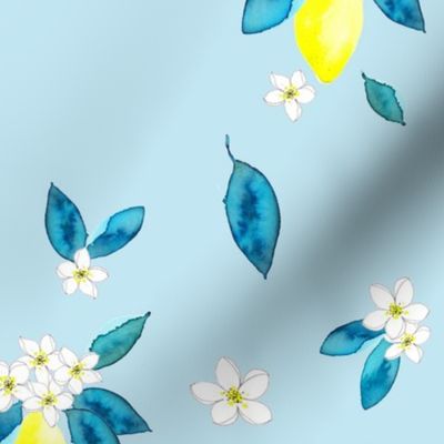 Lemons in watercolor with  sky blue from Anines Atelier. Use the design for kitchen walls and interior