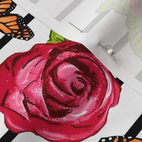 Multicolored Roses on Black and White Stripes w/ Butterflies   