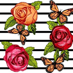 Multicolored Roses on Black and White Stripes w/ Butterflies   