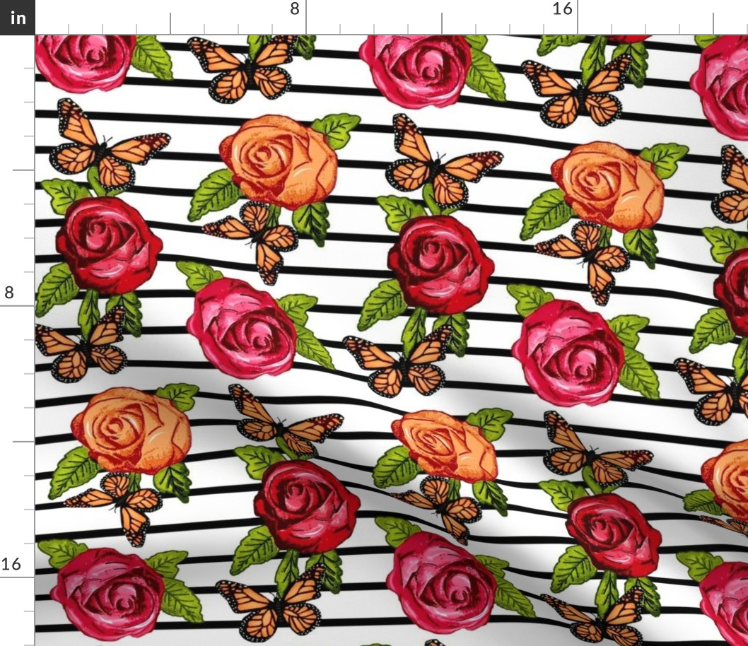 Multicolored Roses on Black and White Stripes w/ Butterflies   