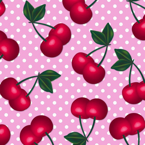 Cherries on Pink Polka Dots - Large Scale