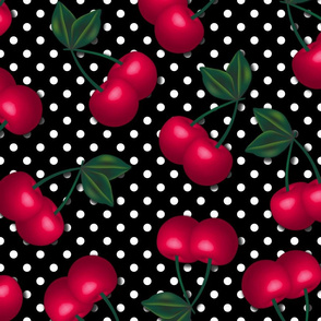Cherries on Black and White Polka Dots - Large Scale