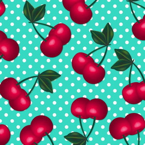 Cherries on Turquoise Polka Dots - Large Scale - fifties cherry