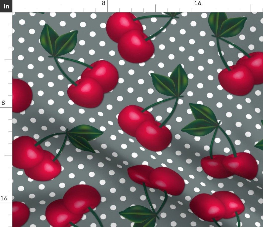 Cherries on Gray Polka Dots - Large Scale