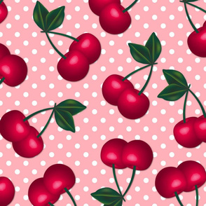 Cherries on Peach Polka Dots - Large Scale
