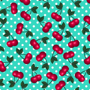 Cherries on Aqua Polka Dots