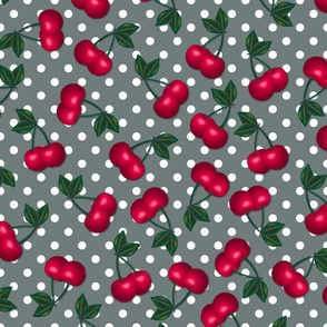 Cherries on Grey Polka Dots