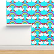 Pastel Rainbow Bridge On Aqua with Red Love Hearts and White Clouds