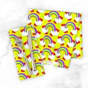 Pastel Rainbow Bridge On Yellow with Red Love Hearts and White Clouds