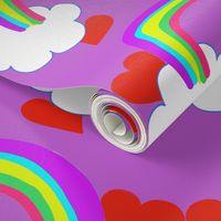 Pastel Rainbow Bridge On Lilac with Red Love Hearts and White Clouds
