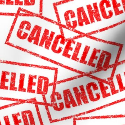 9 cancelled cancellation revoke stop abort cancel culture outrage boycott social media rubber stamp red ink pad white background chop grunge distressed words seal pop art culture vintage retro current affairs strong message statement sign label symbols mo