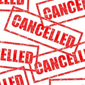 9 cancelled cancellation revoke stop abort cancel culture outrage boycott social media rubber stamp red ink pad white background chop grunge distressed words seal pop art culture vintage retro current affairs strong message statement sign label symbols mo