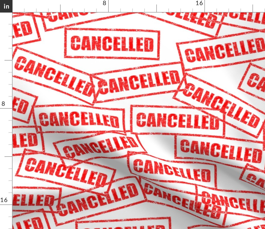 9 cancelled cancellation revoke stop abort cancel culture outrage boycott social media rubber stamp red ink pad white background chop grunge distressed words seal pop art culture vintage retro current affairs strong message statement sign label symbols mo