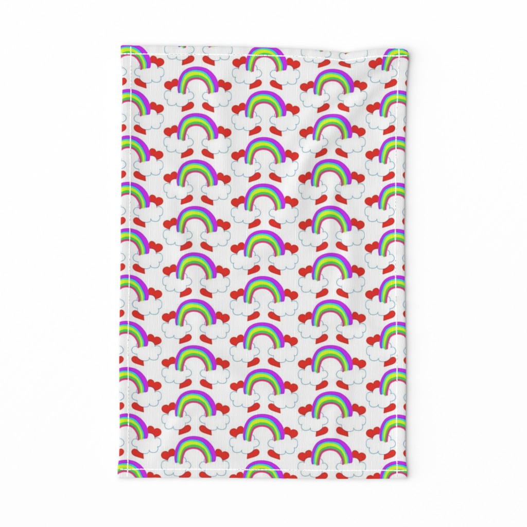 Pastel Rainbow Bridge On White with Red Love Hearts and White Clouds