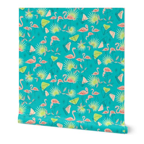 despise Banishment spray Flamingo-Rama (Turquoise) Wallpaper | Spoonflower
