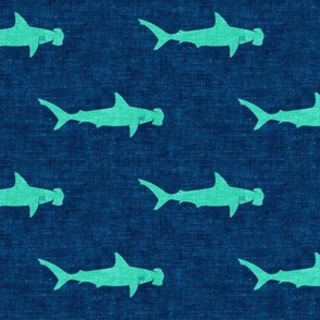 hammerhead sharks - teal on dark blue - LAD19