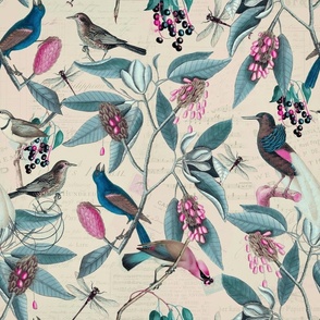 Vintage Magnolia Flowers And Birds Pattern Pink Teal