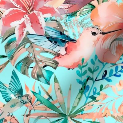 Tropical Watercolor Flower And Bird Pattern