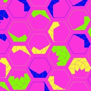 Geometrical hexagon design in neon bright pink, purple, green and blue