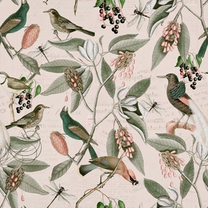 Vintage Magnolia Flowers And Birds Pattern