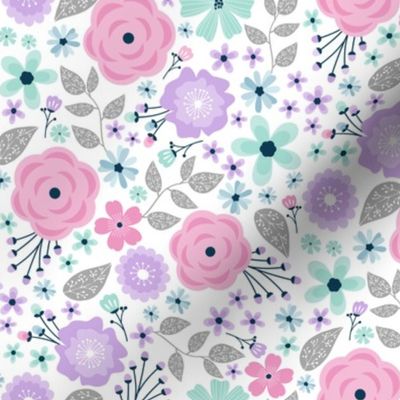 Pretty Floral - Lavender Pink Mint Blue Gray, SMALLER scale