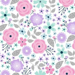 Pretty Floral - Lavender Pink Mint Blue Gray, SMALLER scale