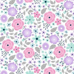 Pretty Floral - Lavender Pink Mint Blue Gray, TINY scale