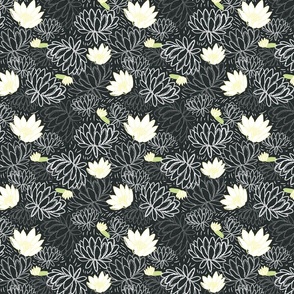 Water Lily Floral Flowers Hand Drawn White and Black Dramatic Wallpaper Bedding Beautiful
