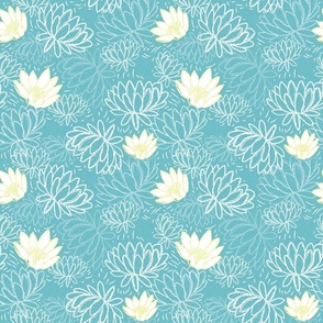 Water Lily Teal White Wallpaper Bedding Home Decor Flower Floral Hand Drawn