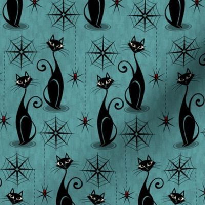 Retro Spooky Meow - Distressed Blue Smaller Scale