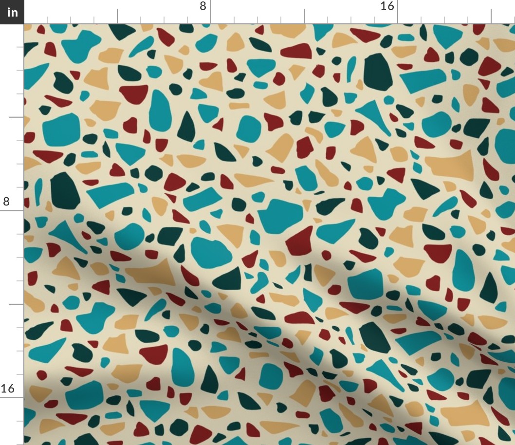 Terrazzo 2 in Turquoise Sand Maroon and Forest Green on Light Beige