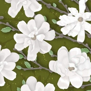 White magnolia flowers- large scale floral - green background