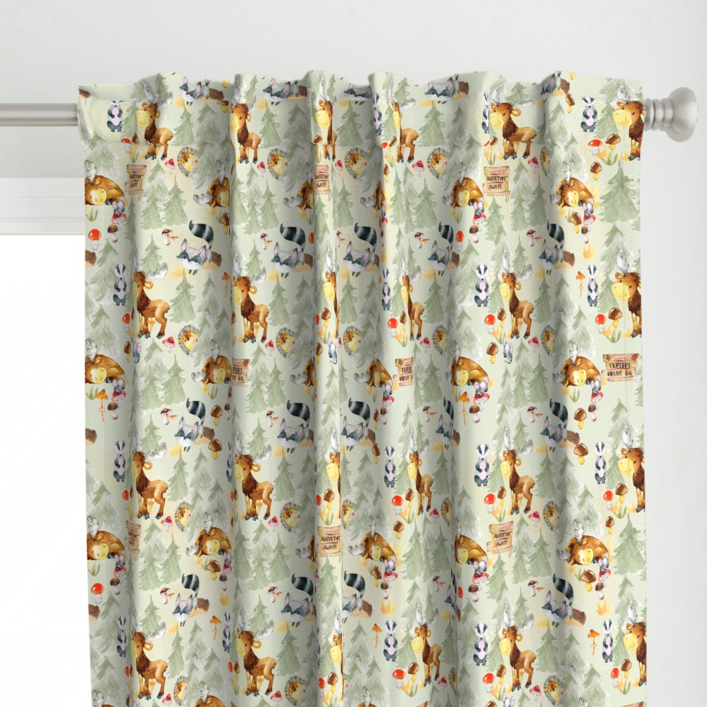 18" Woodland Adventure - Moose Deer Hedgehog Raccoon Batcher - Woodland fabric, woodland animals fabric dark