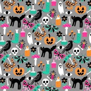 SMALL - cute halloween fabric - creepy cute fabric, moth, potions, cute halloween design - grey