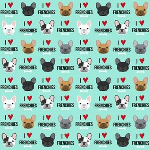 SMALL - frenchie dog fabric - i love french bulldogs fabric - frenchie face - aqua