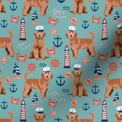 golden doodle nautical fabric - apricot doodle dog, apricot doodle fabric, doodle dog fabric, doodle dog, cute dood, nautical dog fabric - blue