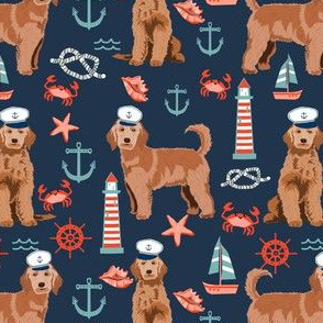 golden doodle nautical fabric - apricot doodle dog, apricot doodle fabric, doodle dog fabric, doodle dog, cute dood, nautical dog fabric - navy