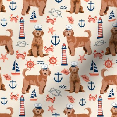 golden doodle nautical fabric - apricot doodle dog, apricot doodle fabric, doodle dog fabric, doodle dog, cute dood, nautical dog fabric -cream