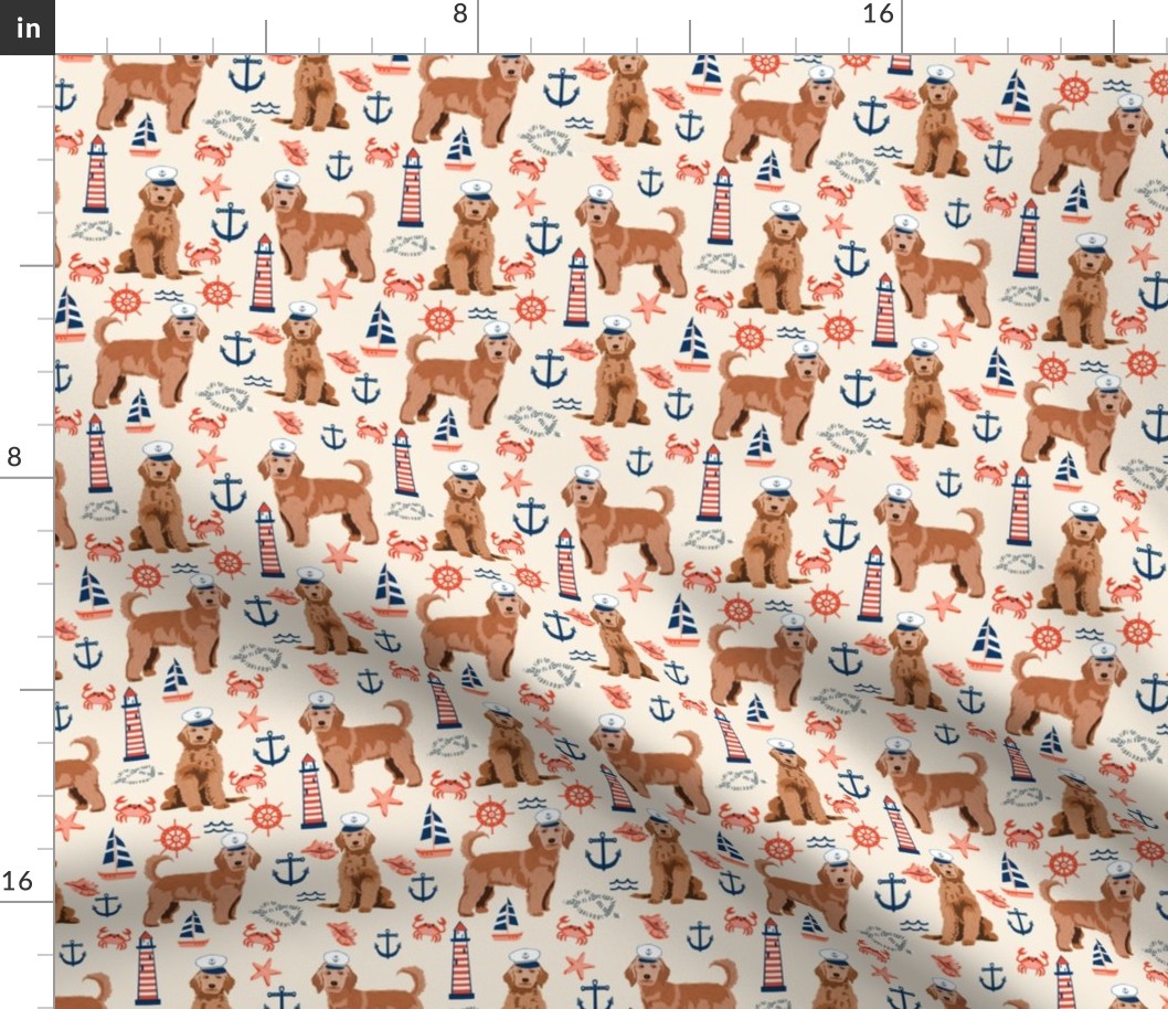 golden doodle nautical fabric - apricot doodle dog, apricot doodle fabric, doodle dog fabric, doodle dog, cute dood, nautical dog fabric -cream