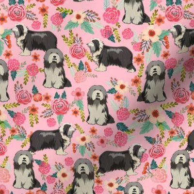 bearded collie florals fabric - dog florals fabric, dog fabric, bearded collie fabric, dog fabric -  pink