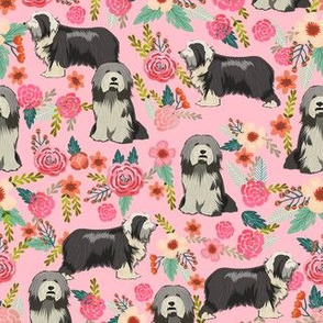 bearded collie florals fabric - dog florals fabric, dog fabric, bearded collie fabric, dog fabric -  pink