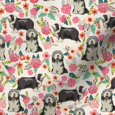 bearded collie florals fabric - dog florals fabric, dog fabric, bearded collie fabric, dog fabric -  white